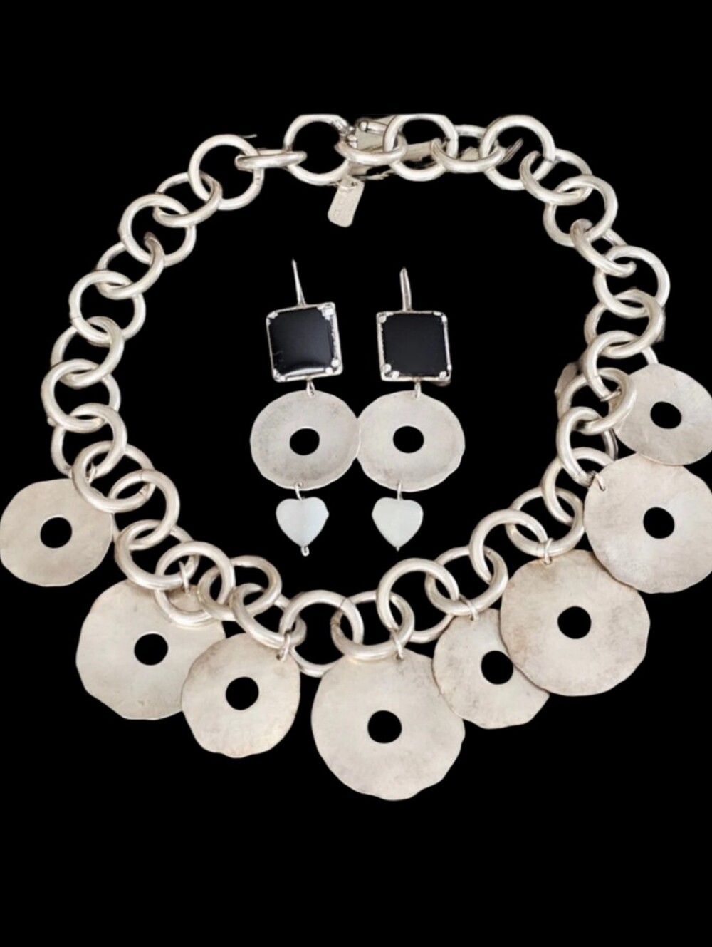 Vintage Roz Balkin Sterling Silver Circle Necklace & Onyx Earrings 99 GRAMS!